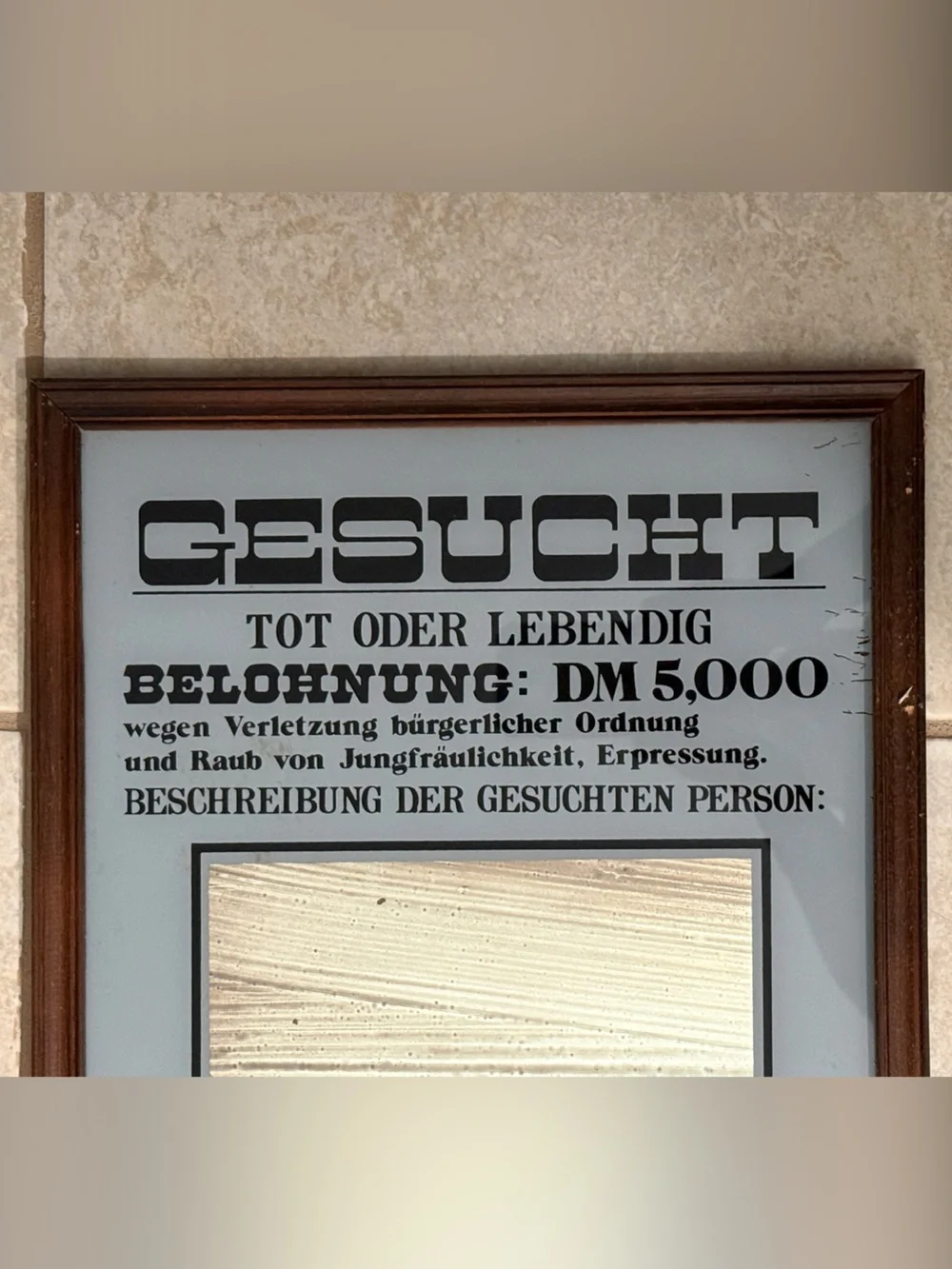 Vintage 'GESUCHT' Framed Poster Mirror — Blue Background, Brown Frame